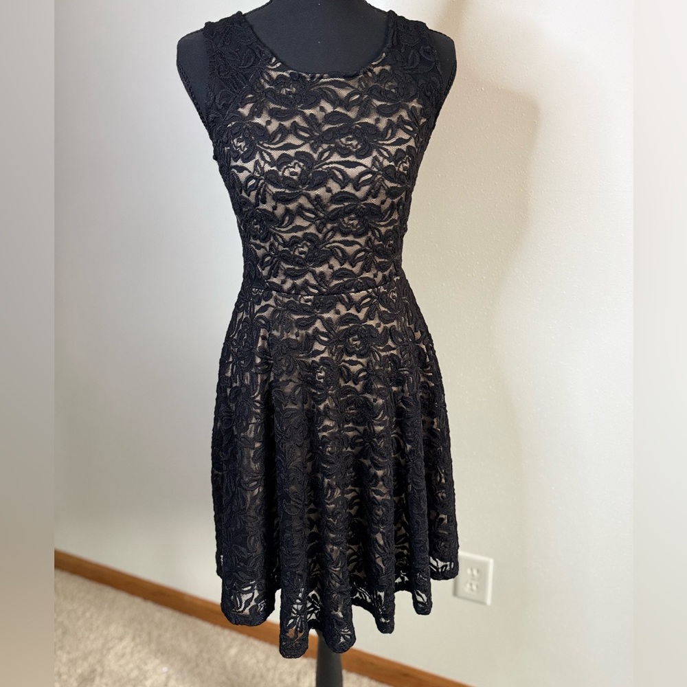 Soprano Black Lace Fit & Flare Dress Nude Lining Size S